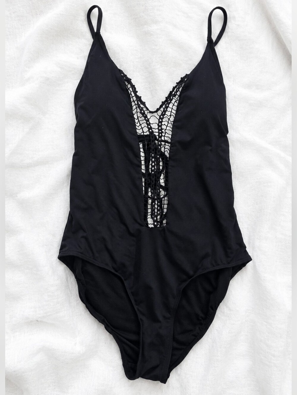 Envya Swimwear Black One-Piece Swimsuit with Crochet Plunge Size L